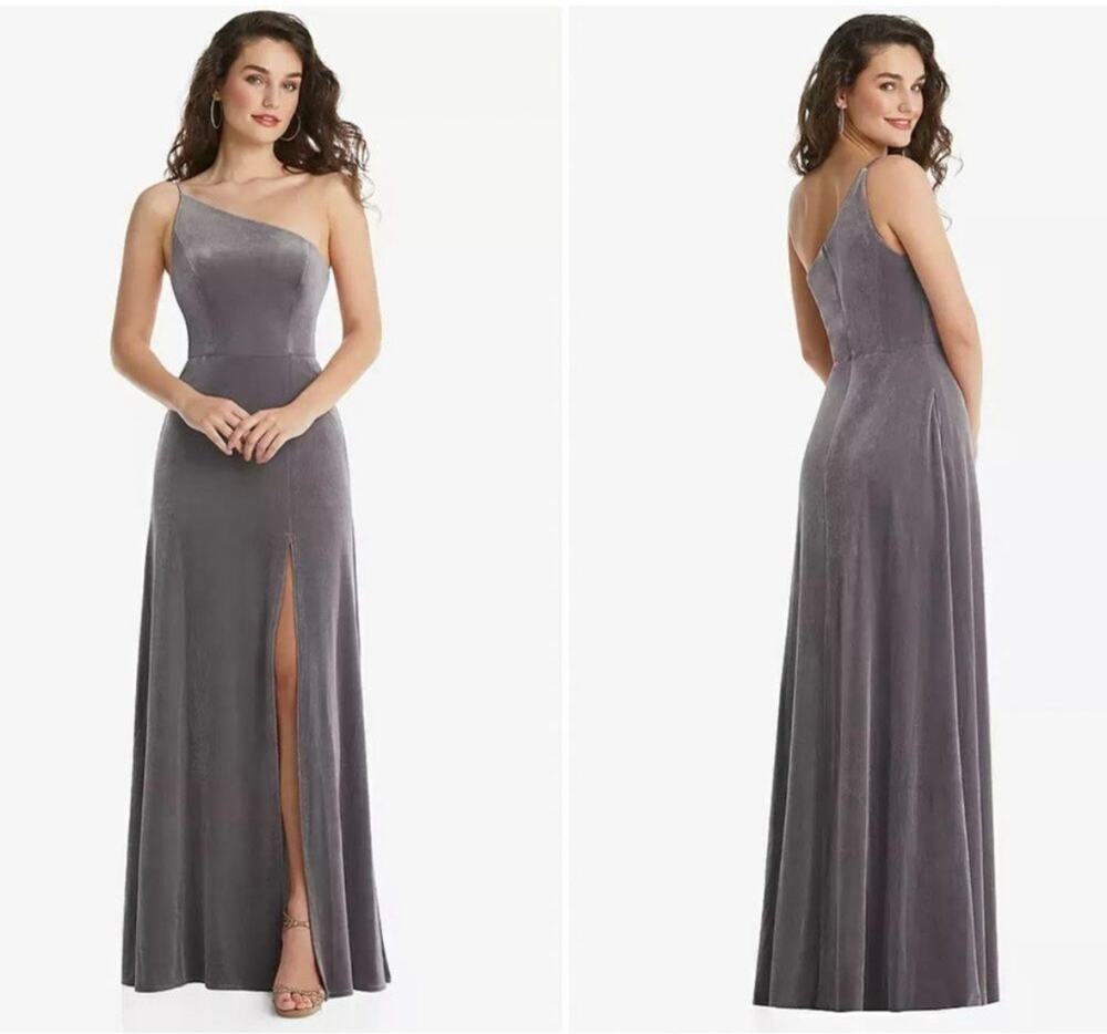 After Six Gown WMNS 0R Gray One Shoulder Pockets Velvet Slit Dress Evening Glam